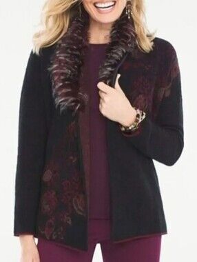Chico's Open Front Wool Blend Cardiigan Vibrant Luxurious Faux-Fur Collar Blk S